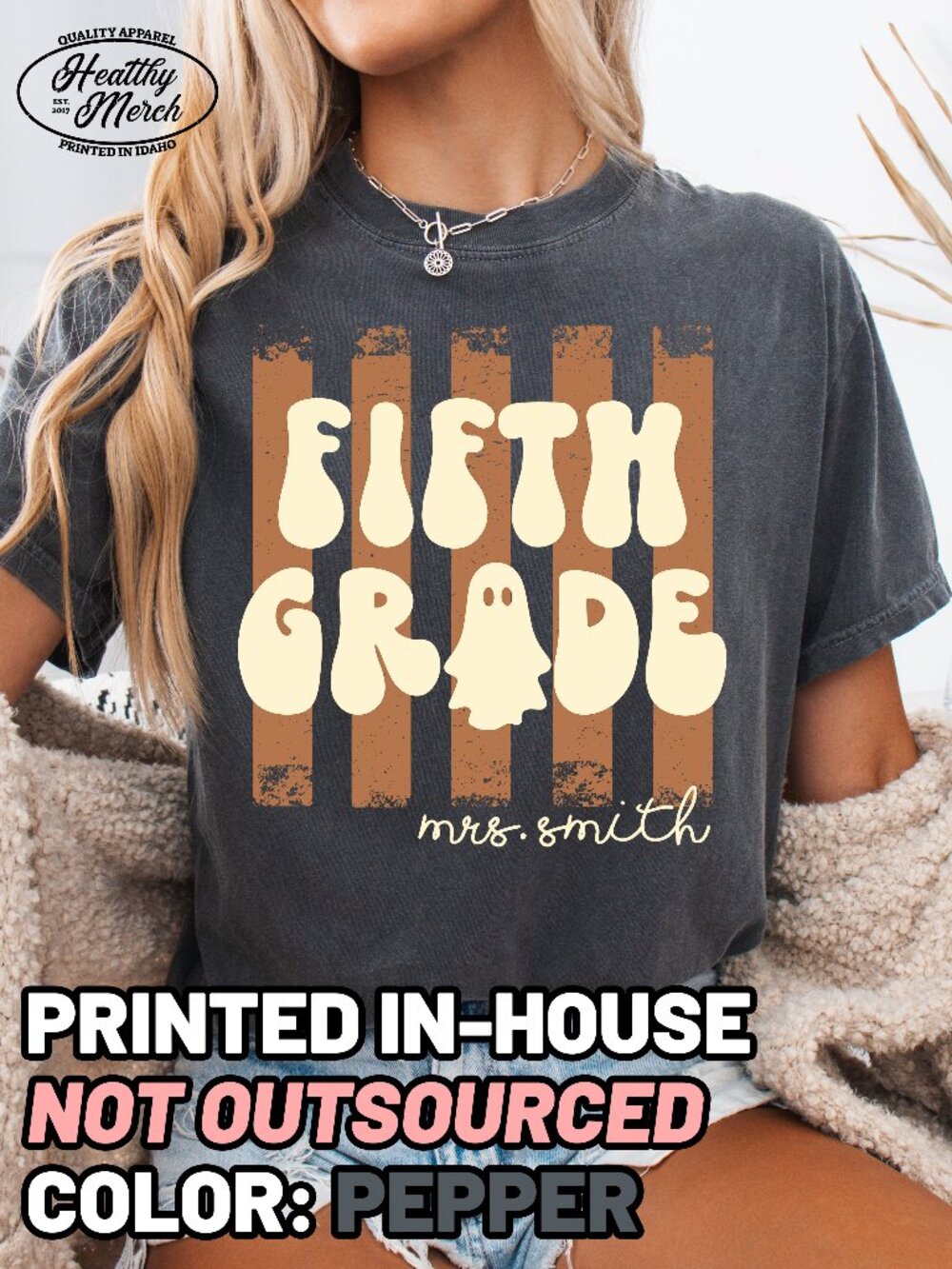 Fifth Grade Retro Stripe Halloween Teacher Shirt Comfort Colors Pepper